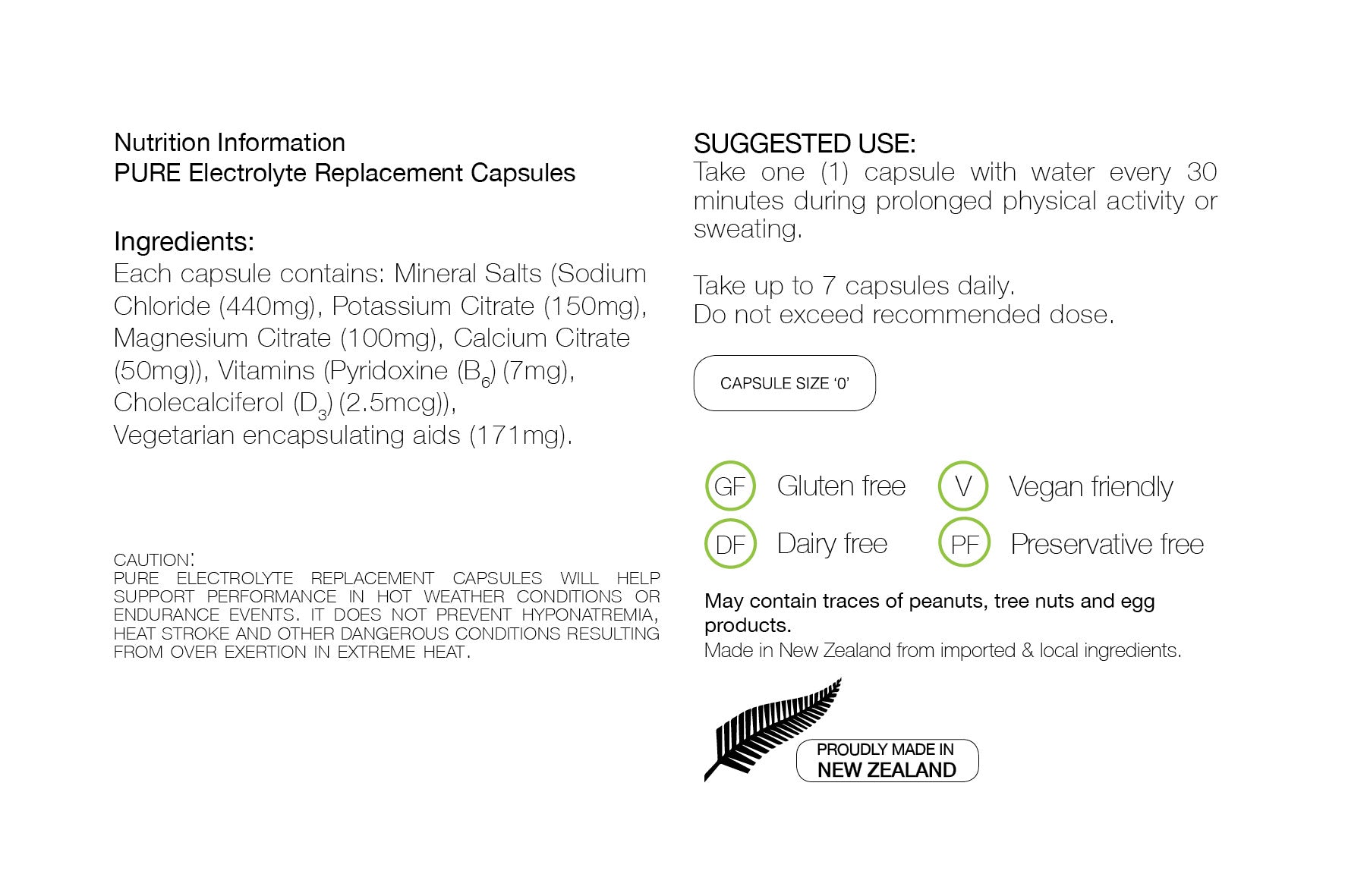 PURE NUTRITION | Electrolyte Replacement Capsules 80 Capsules Nutrition Sheet