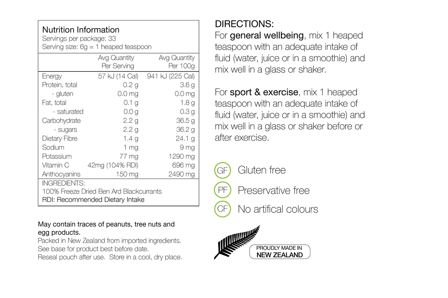PURE NUTRITION | Blackcurrant Recovery Pouch 200g - Nutrition Sheet