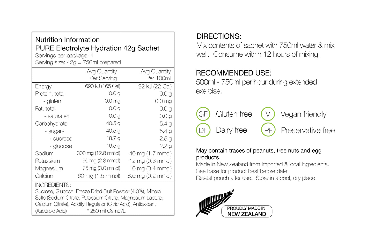 PURE NUTRITION | Electrolyte Hydration Single Serve Sachet 42g Nutrition Sheet